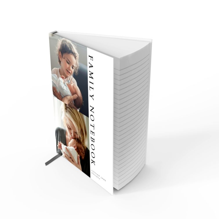 Portrait family notebook design featuring two photos on the cover, ideal for personalised printing by Utterly Printable.