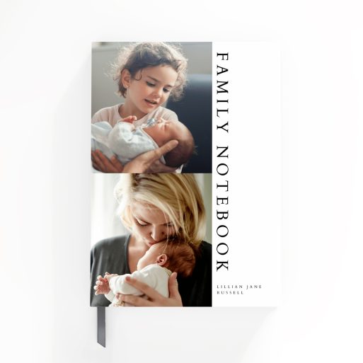 Portrait family notebook design featuring two photos on the cover, ideal for personalised printing by Utterly Printable.