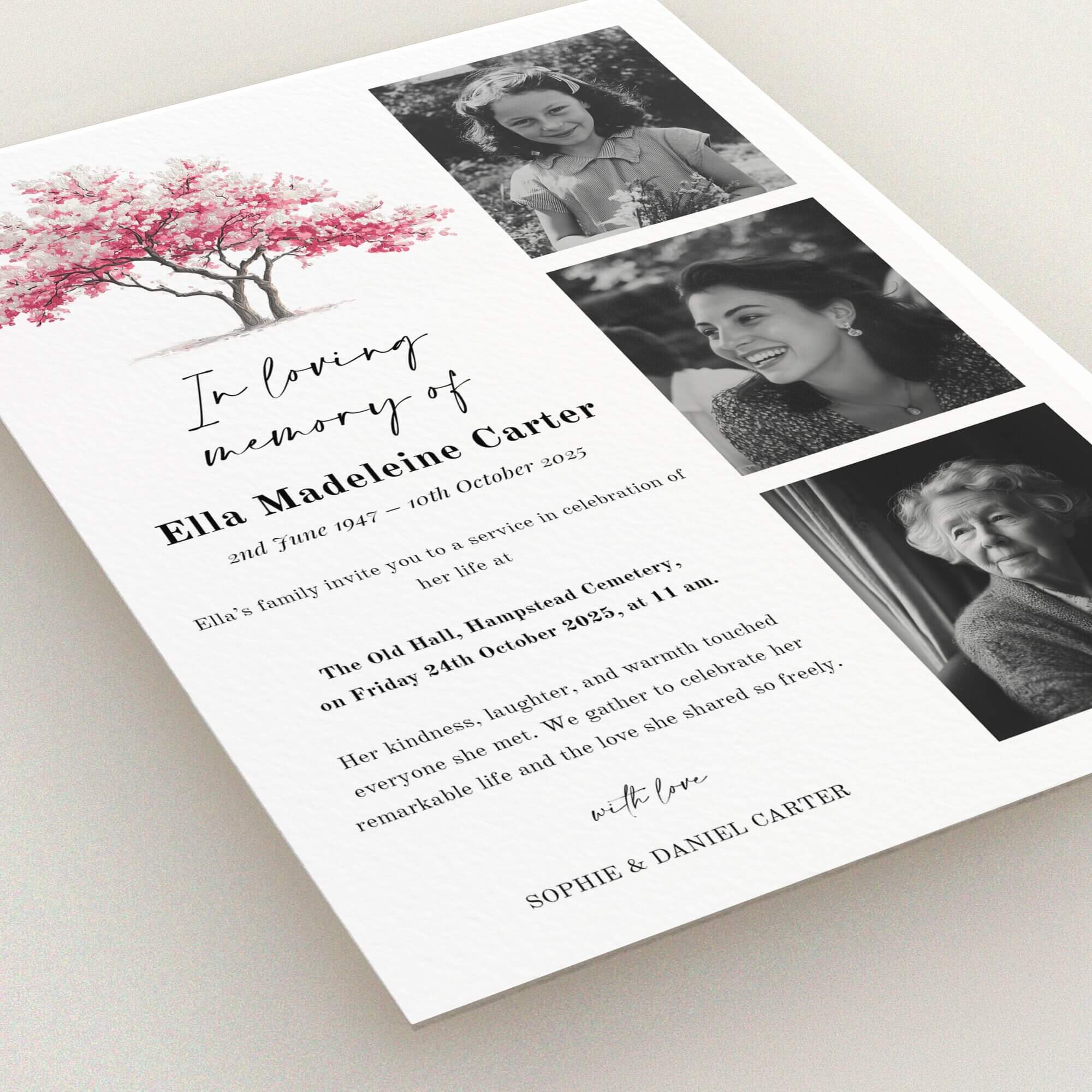 Funeral announcement design with three photos and floral artwork.