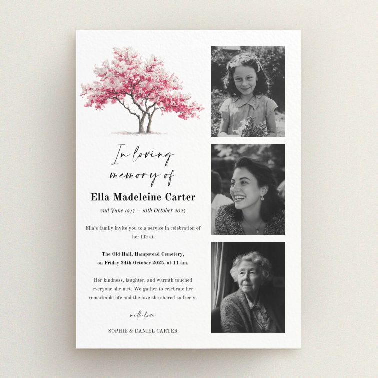 Funeral announcement design with three photos and floral artwork.