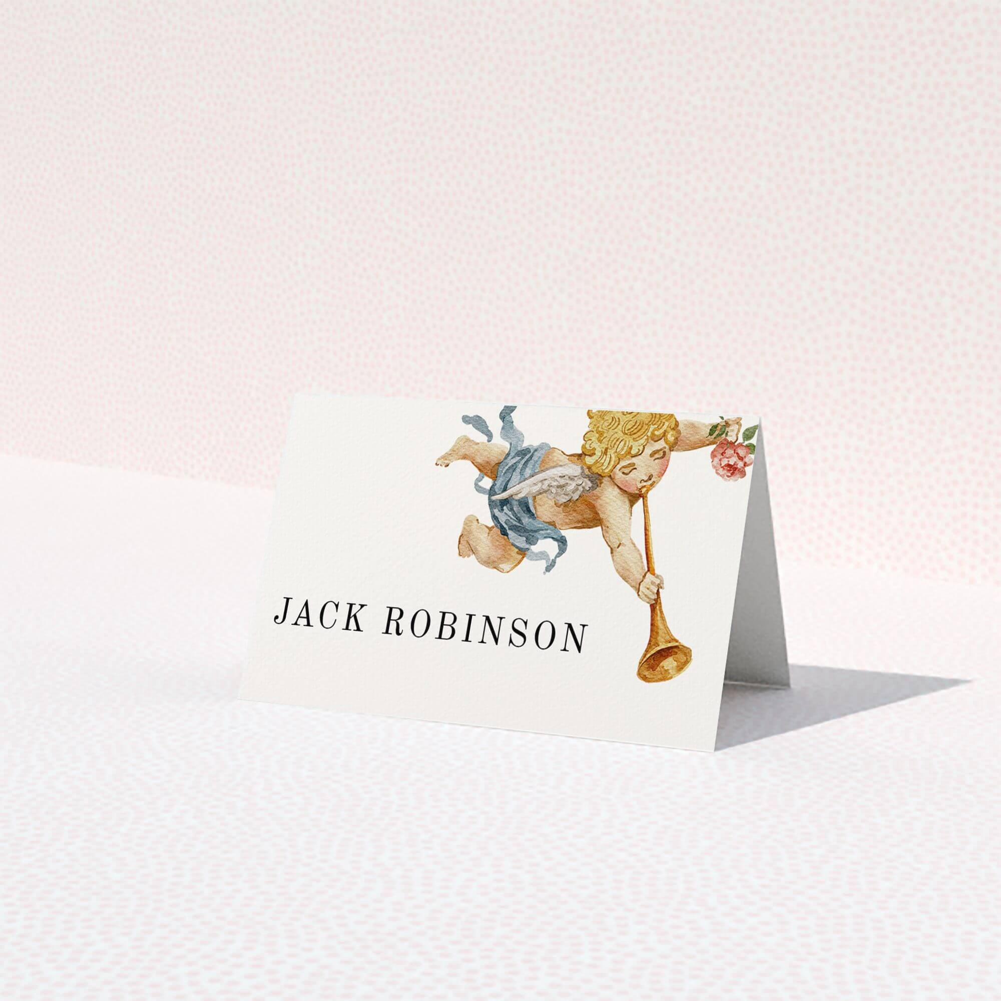 Elegant wedding table place card with angel illustration and name text