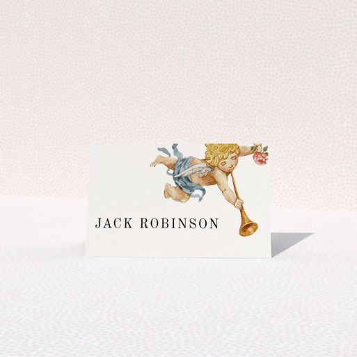 Elegant wedding table place card with angel illustration and name text