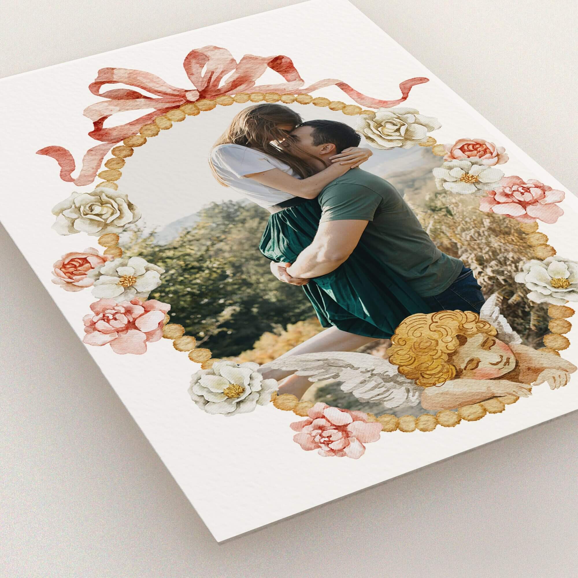 Floral-themed engagement party invitations with a romantic photo design featuring one photo.