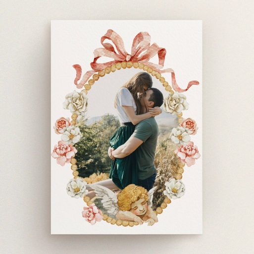 Floral-themed engagement party invitations with a romantic photo design featuring one photo.