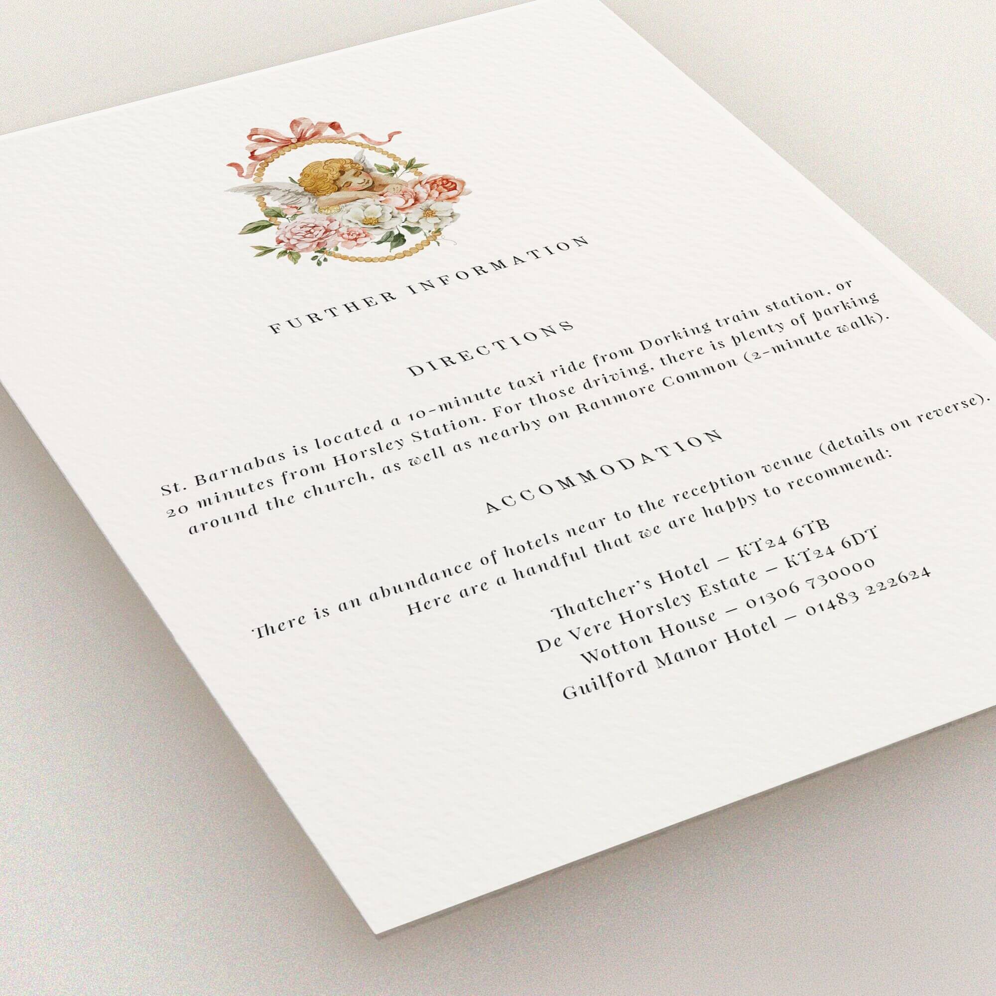 Vintage floral personalised invitation with cherub design for weddings, featuring one illustration.