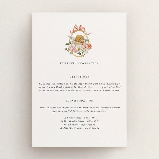 Vintage floral personalised invitation with cherub design for weddings, featuring one illustration.
