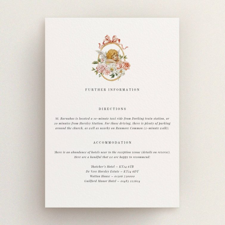 Vintage floral personalised invitation with cherub design for weddings, featuring one illustration.