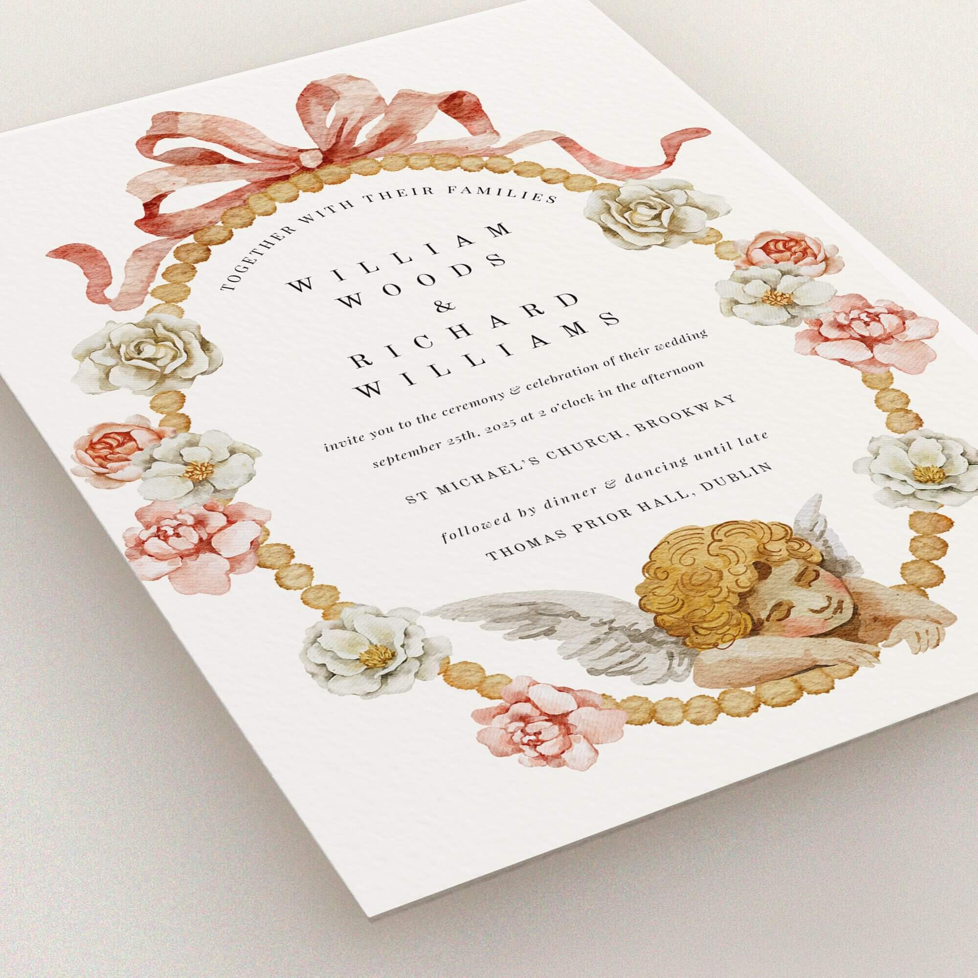 Floral wedding invitation design with one decorative photo featuring an angel motif.
