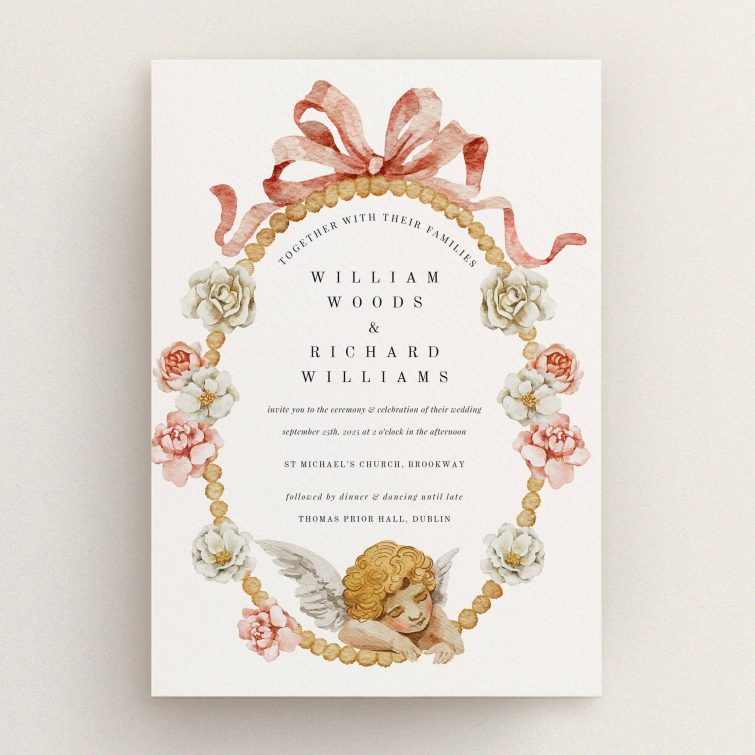 Floral wedding invitation design with one decorative photo featuring an angel motif.