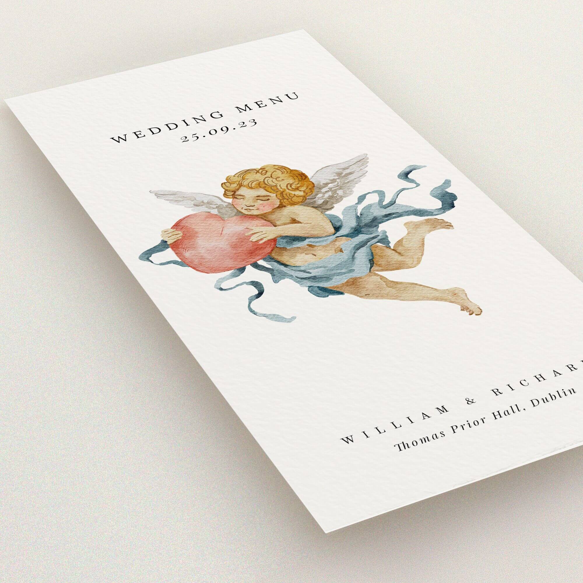 Elegant wedding menu card with cherub illustration, featuring one image.