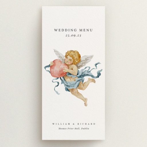 Elegant wedding menu card with cherub illustration, featuring one image.