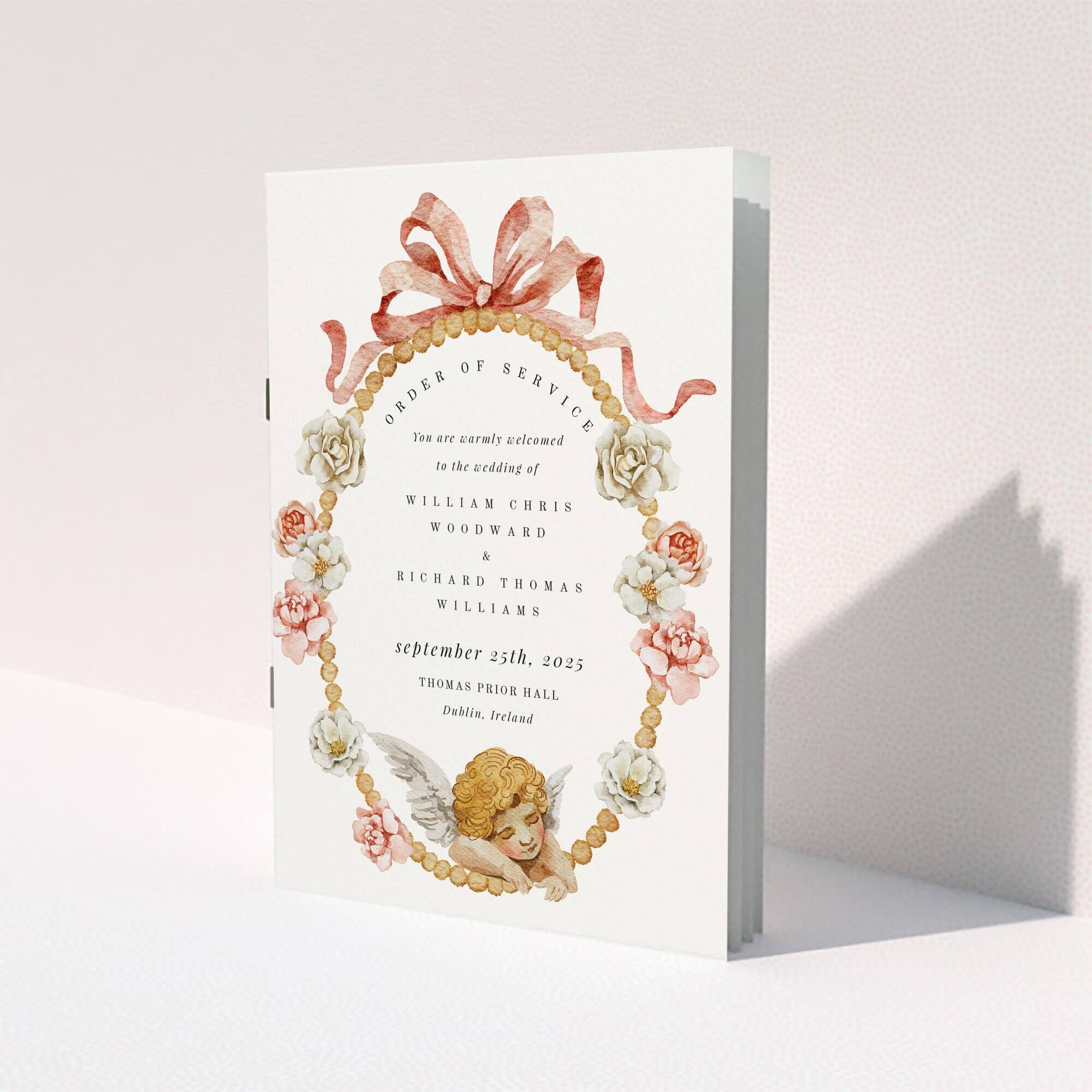 Floral wedding order of service programme design with angel illustration and decorative ribbon.