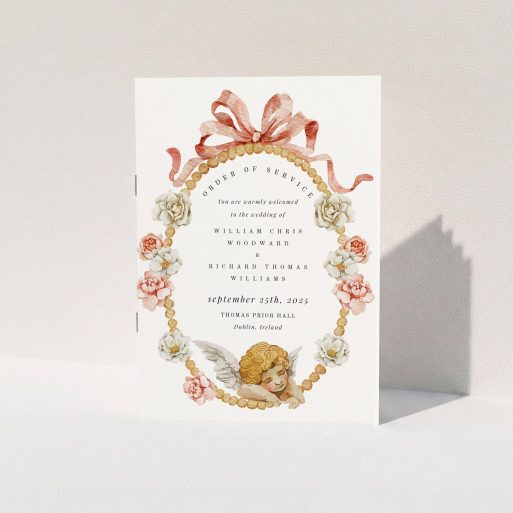 Floral wedding order of service programme design with angel illustration and decorative ribbon.