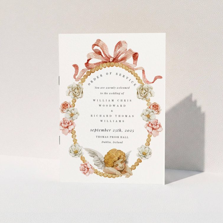 Floral wedding order of service programme design with angel illustration and decorative ribbon.