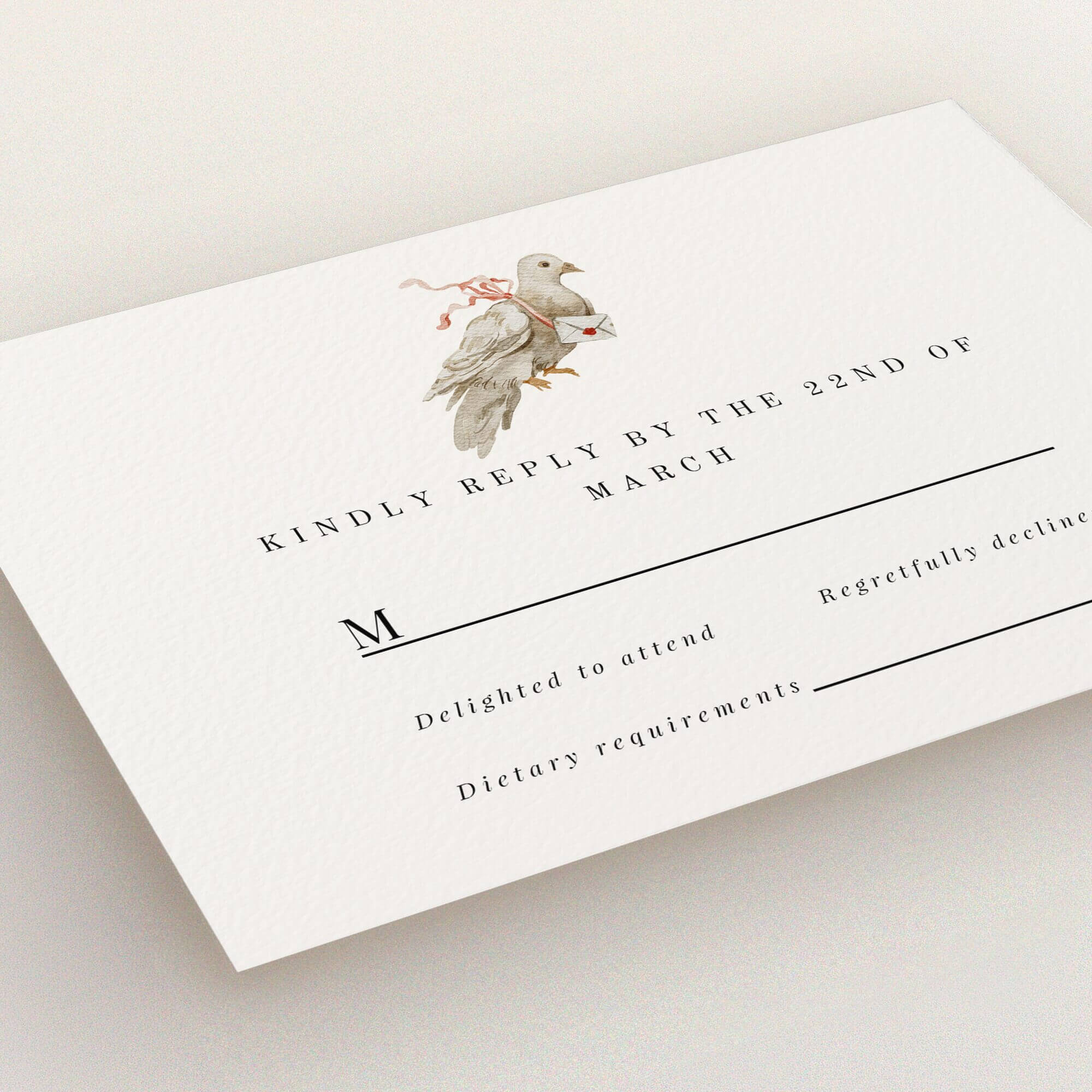 Elegant wedding RSVP card with a vintage illustration of a dove carrying an envelope, featuring options for guest attendance and dietary requirements.