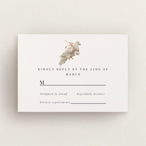Elegant wedding RSVP card with a vintage illustration of a dove carrying an envelope, featuring options for guest attendance and dietary requirements.