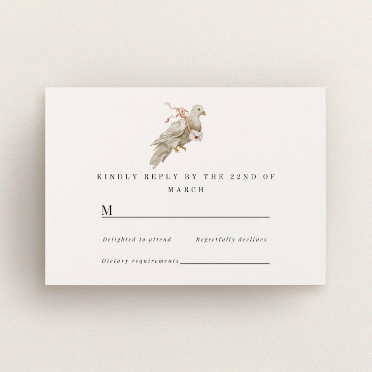 Elegant wedding RSVP card with a vintage illustration of a dove carrying an envelope, featuring options for guest attendance and dietary requirements.