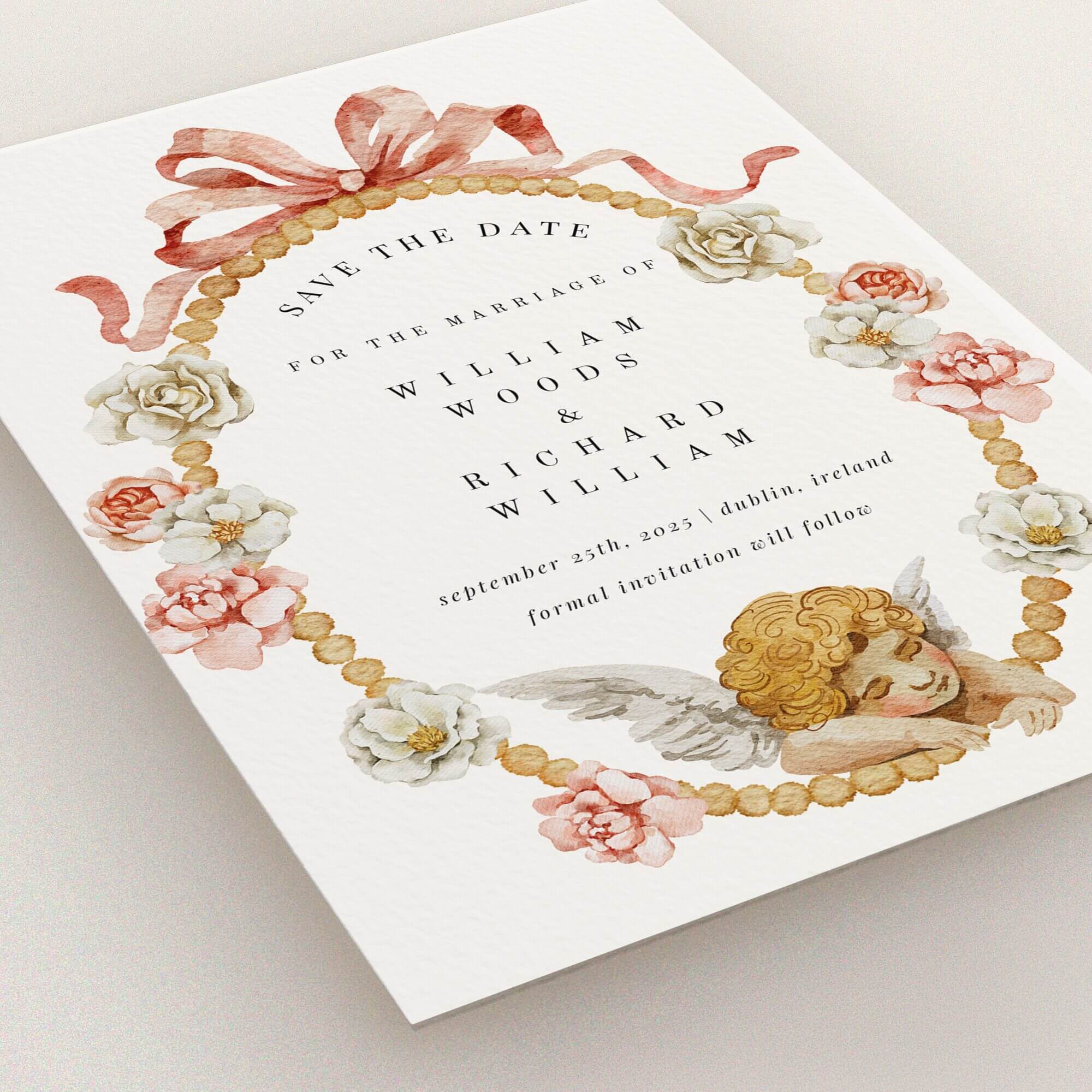 Floral wedding save the date card with one decorative photo featuring an angel design