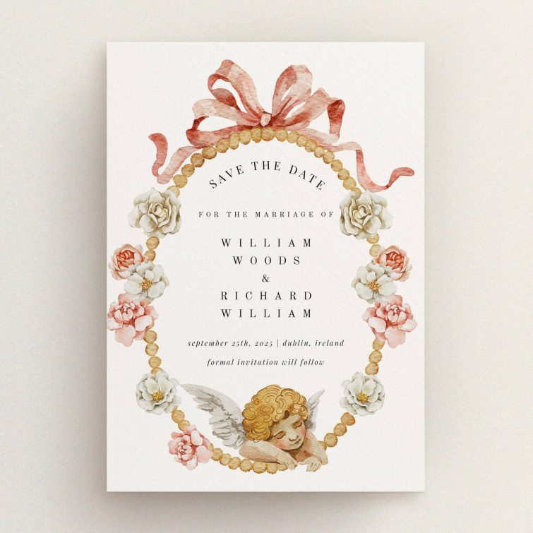 Floral wedding save the date card with one decorative photo featuring an angel design