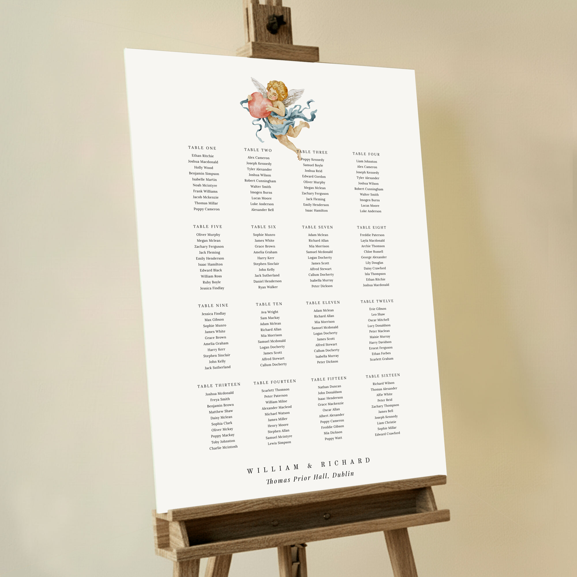 Elegant wedding table plan design with angel illustration, featuring a comprehensive seating arrangement for sixteen tables and one decorative image. This one shows 16 tables.