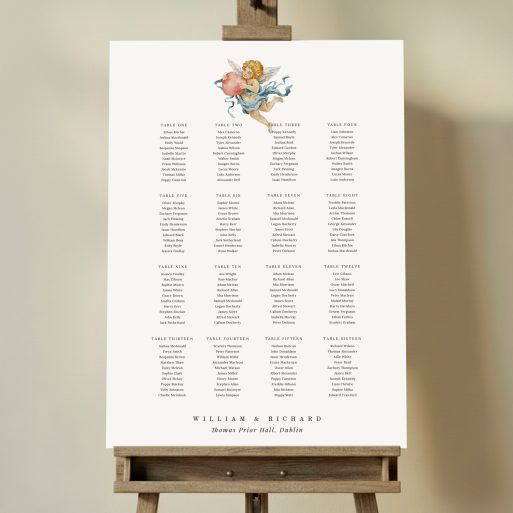 Elegant wedding table plan design with angel illustration, featuring a comprehensive seating arrangement for sixteen tables and one decorative image. This one shows 16 tables.