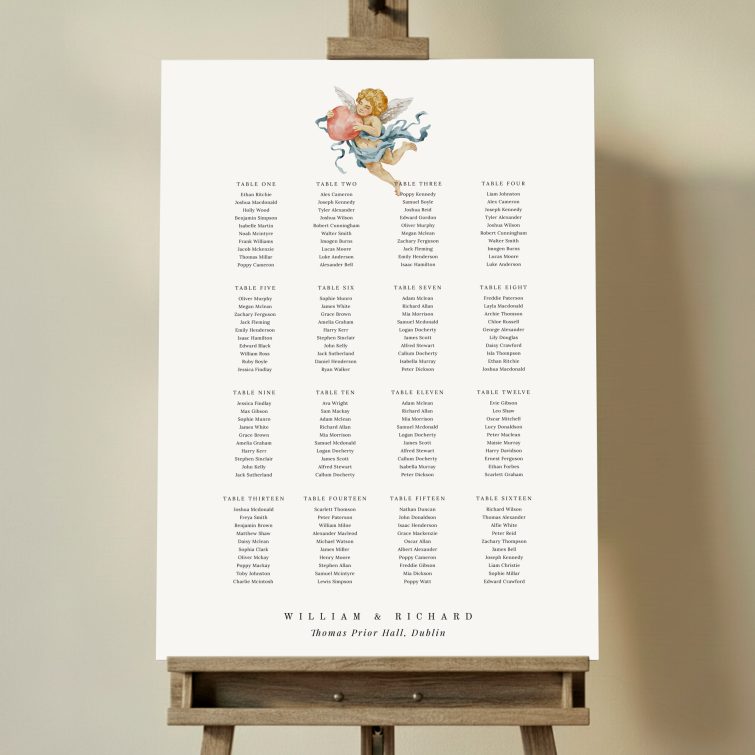 Elegant wedding table plan design with angel illustration, featuring a comprehensive seating arrangement for sixteen tables and one decorative image. This one shows 16 tables.