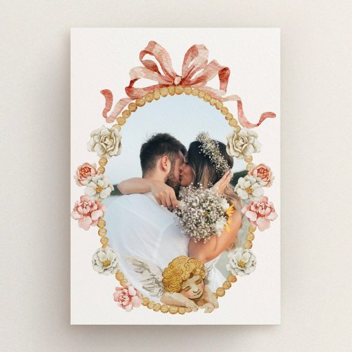 Floral border wedding thank you card with one photo in the centre.