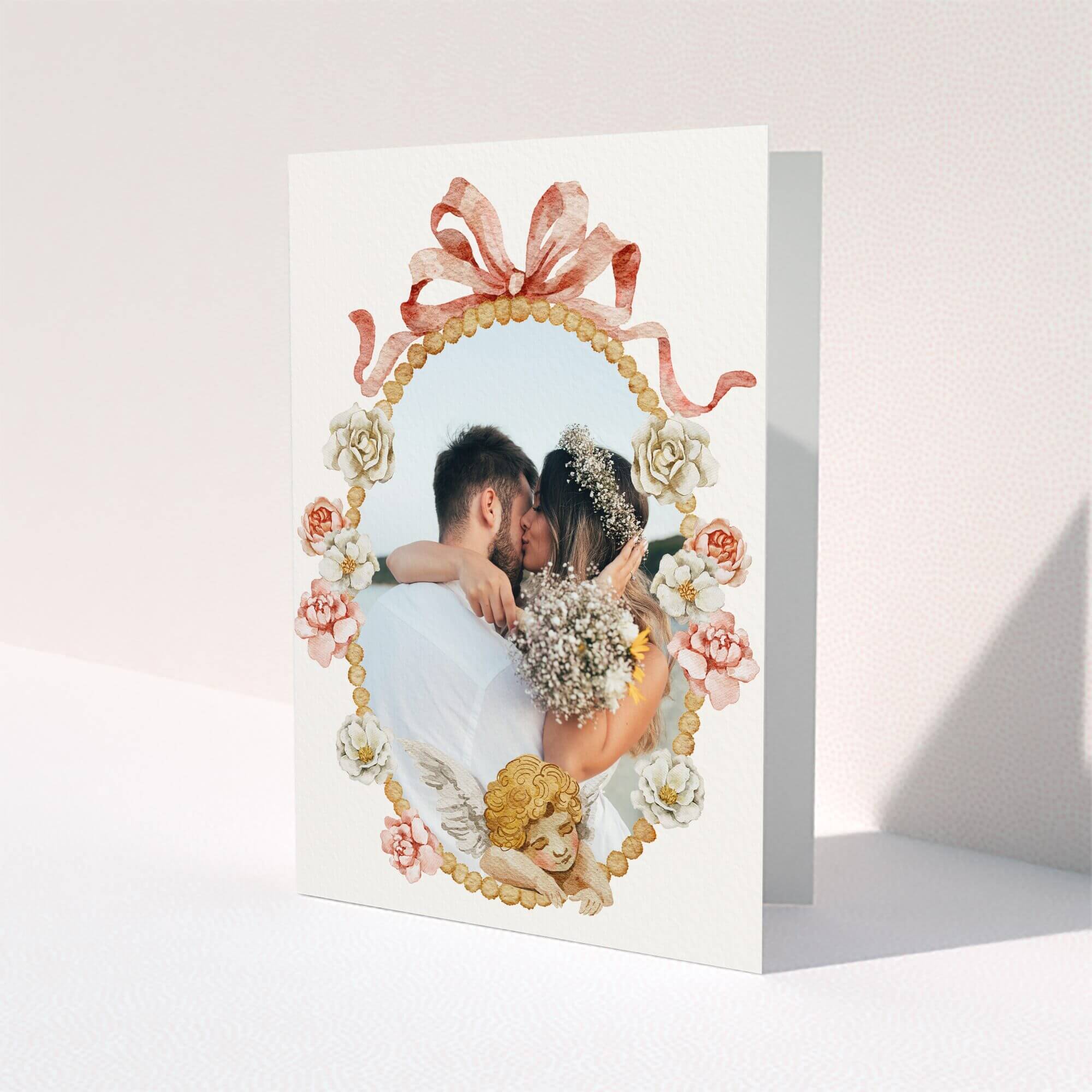 Floral border wedding thank you card with one photo in the centre.
