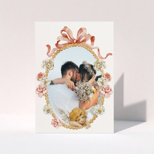 Floral border wedding thank you card with one photo in the centre.