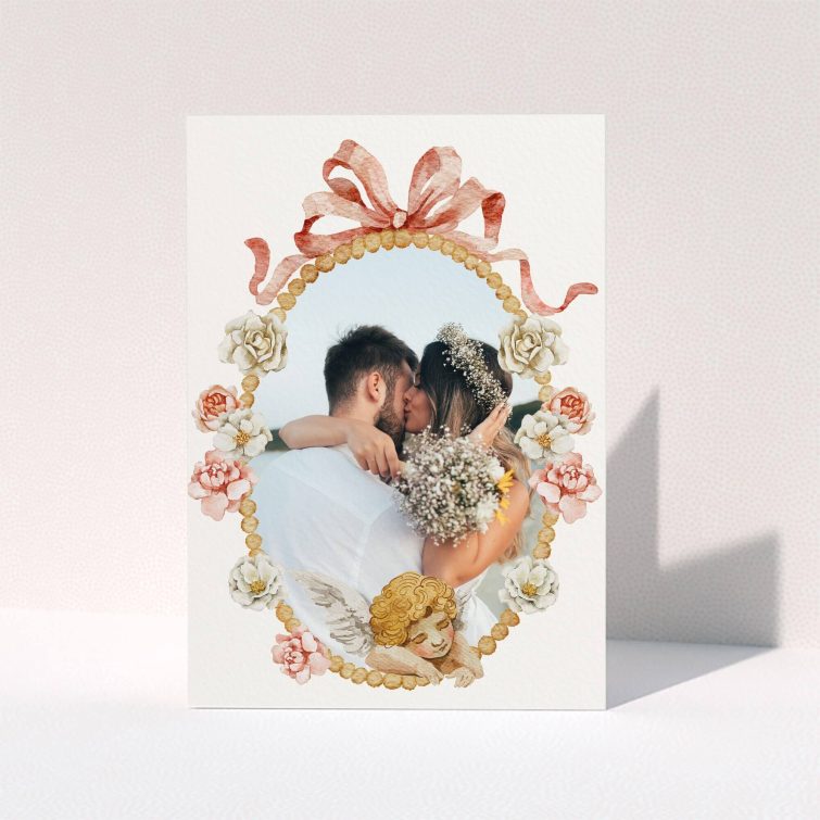 Floral border wedding thank you card with one photo in the centre.