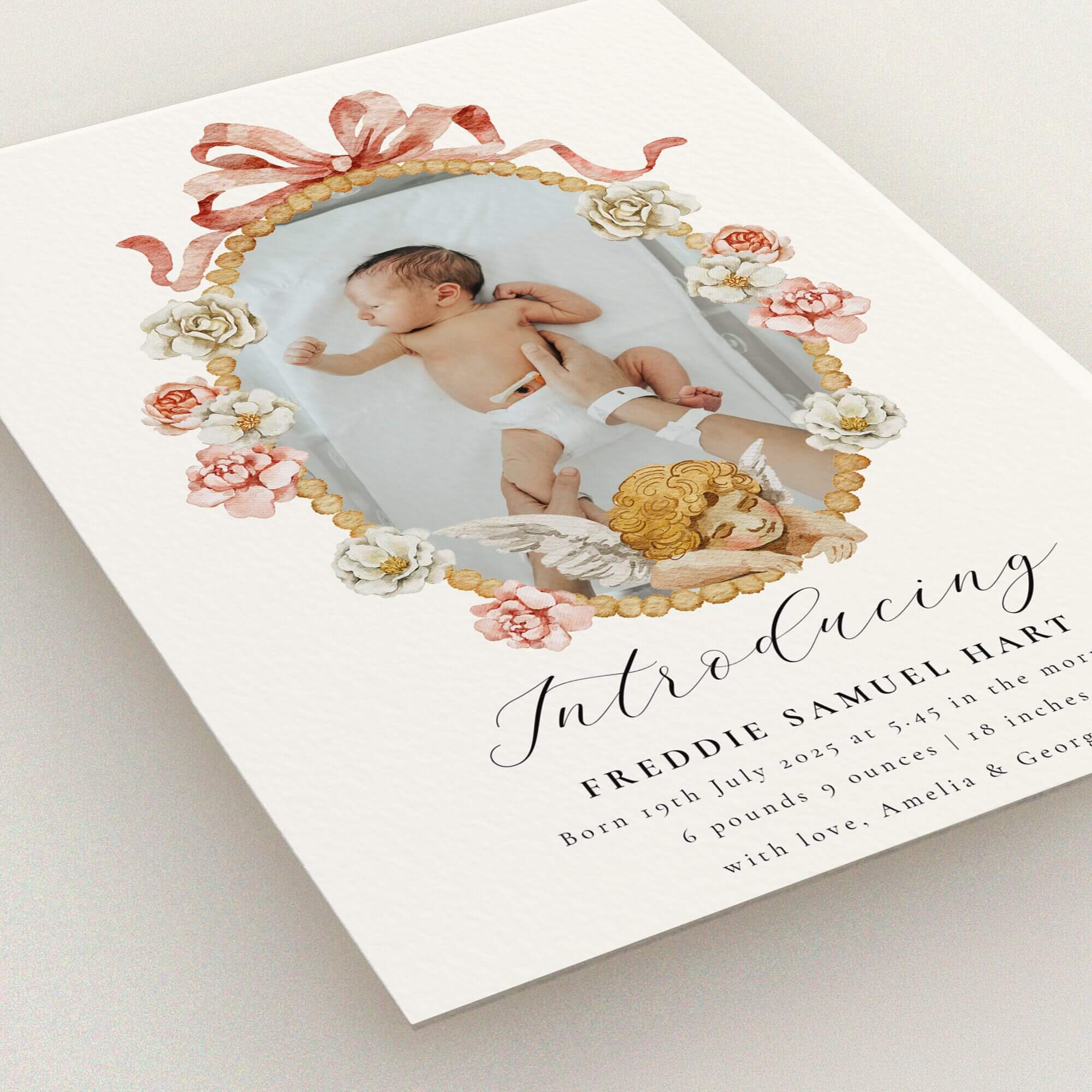 Floral birth announcement card featuring decorative floral border and one photo of a newborn baby.