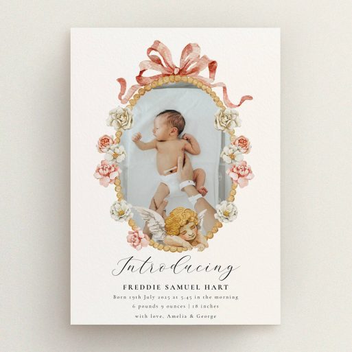 Floral birth announcement card featuring decorative floral border and one photo of a newborn baby.