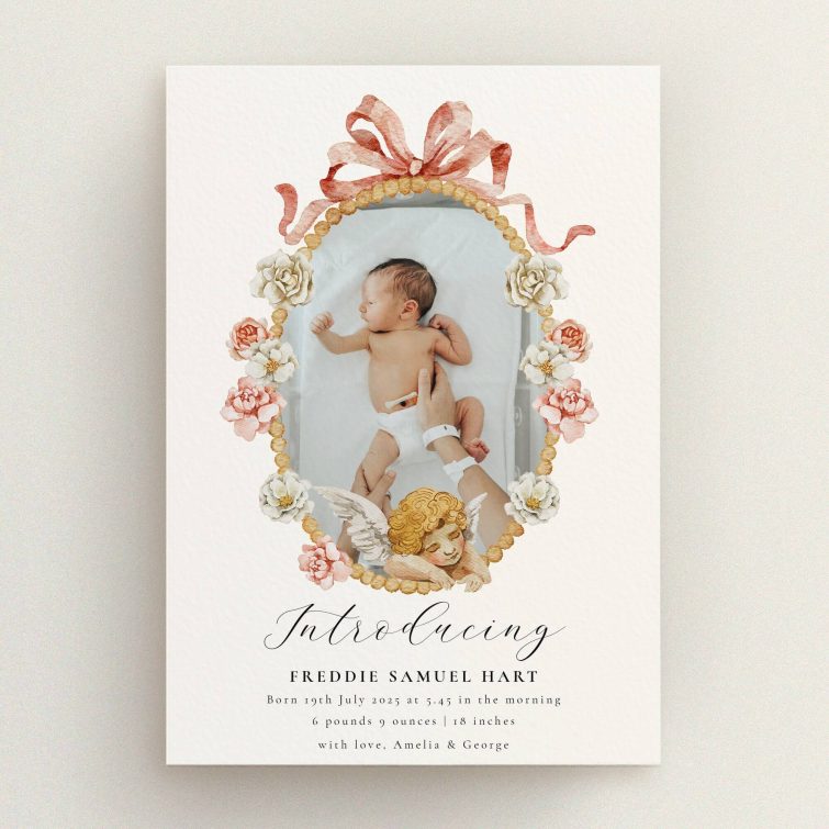 Floral birth announcement card featuring decorative floral border and one photo of a newborn baby.