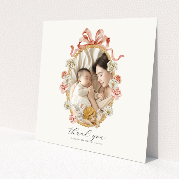 Floral baby thank you card with one photo.