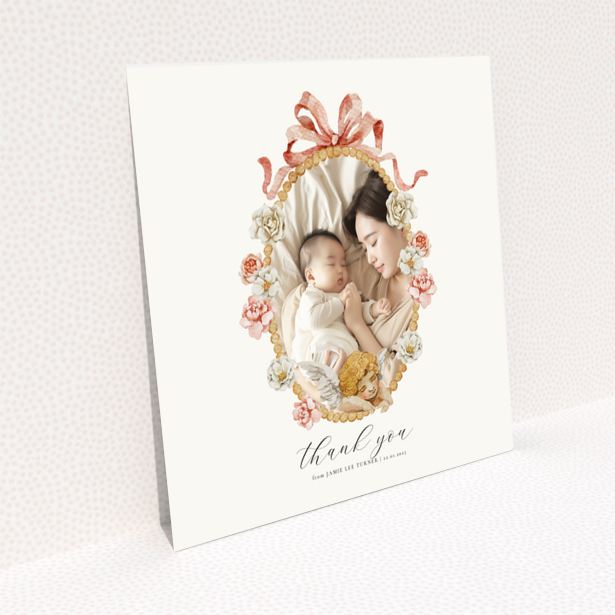 Floral baby thank you card with one photo.