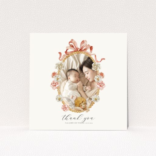 Floral baby thank you card with one photo.
