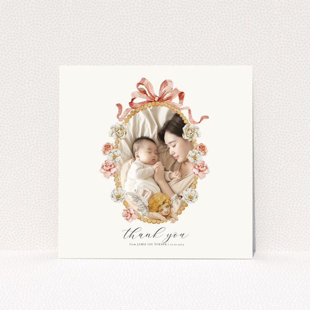 Floral baby thank you card with one photo.