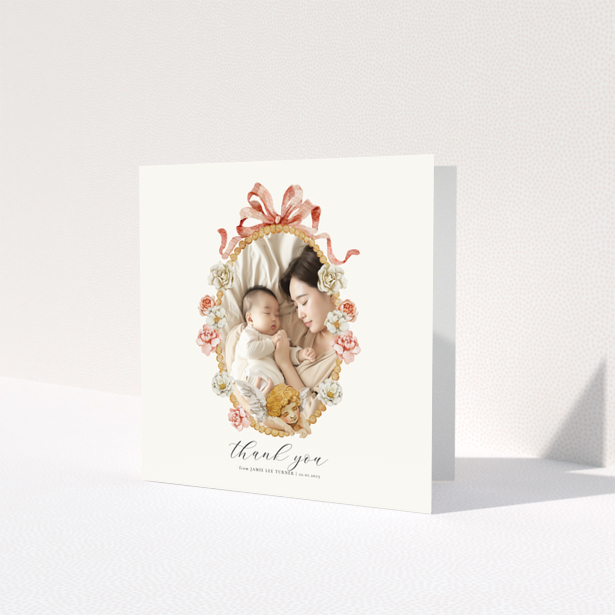Floral baby thank you card with one photo.