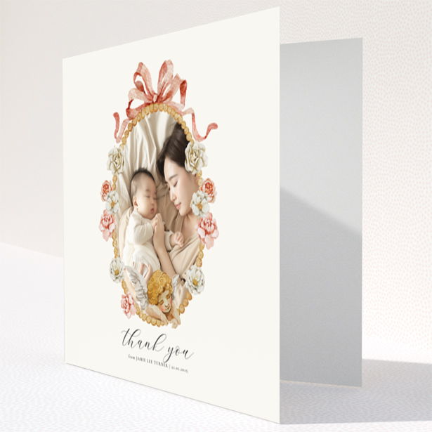 Floral baby thank you card with one photo.