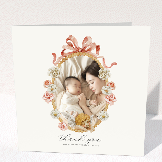 Floral baby thank you card with one photo.