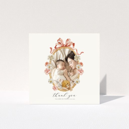 Floral baby thank you card with one photo.