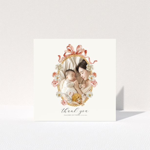 Floral baby thank you card with one photo.