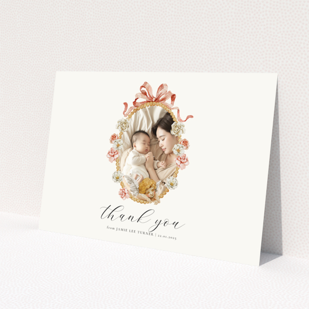 Floral baby thank you card with one photo.