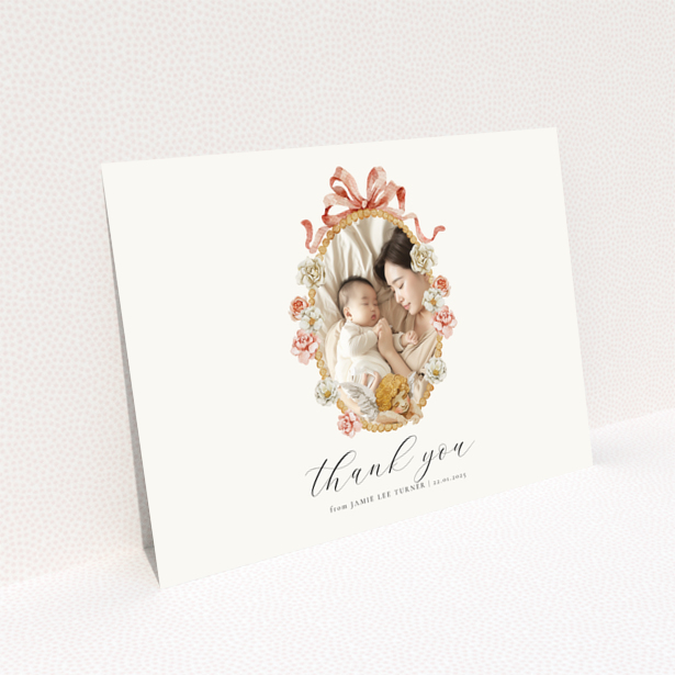 Alt Tag text:
"Reverse side of Landscape baby thank you card design with no photos"