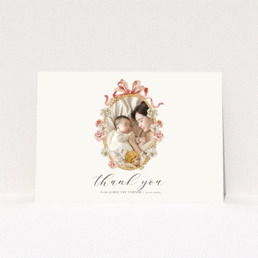 Floral baby thank you card with one photo.