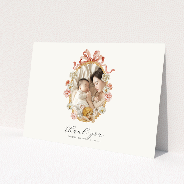 Floral baby thank you card with one photo.