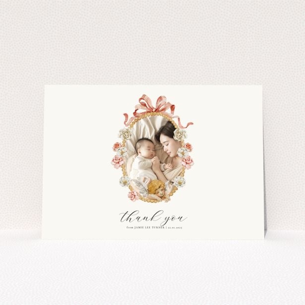 Floral baby thank you card with one photo.