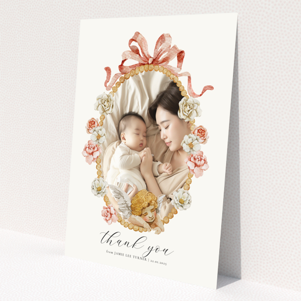 Floral baby thank you card with one photo.