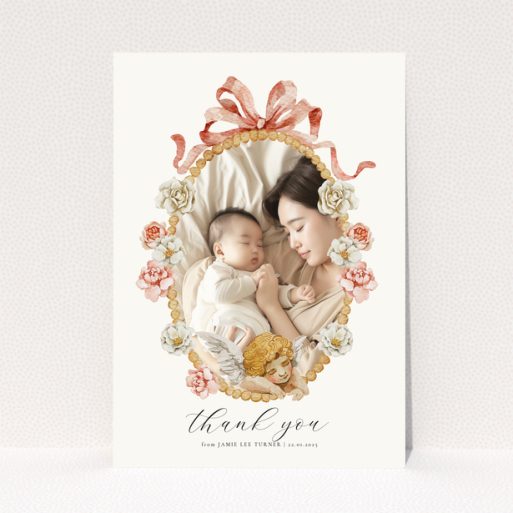 Floral baby thank you card with one photo.