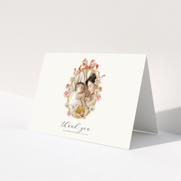 Floral baby thank you card with one photo.
